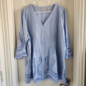 Soft Surroundings Trella Eyelet Top Size 1X Chambray Blue